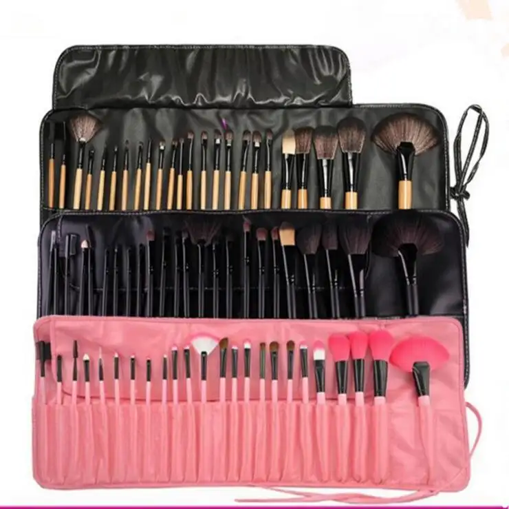 24 buah kit kuas rias profesional grosir kuas makeup cair alas bedak dengan tas PU pegangan kayu bergalur