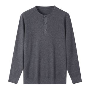 Custom OEM ODM Solid Knitted Henry Collar <b>Pullovers</b> Washable Wool <b>Men</b> Sweater Button Long Sleeves - Product Image 4
