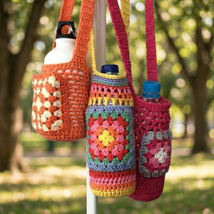 ที่ใส่ขวดน้ำโครเชต์จากฝ้ายรักษ์โลก หลายสี ลายดอกไม้ สไตล์โบฮีเมียน ทำมือจากเนปาล ปิดด้วยเชือกผูก - Product Image 3