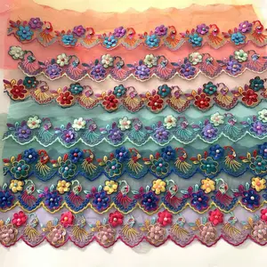 Wholesale multi colors tulle lace trim beaded 3D flower beaded lace for decoration