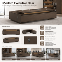Bureau de direction contemporain en noyer foncé avec meuble d'appoint intégré et éclairage LED d'ambiance, grande table de bureau pour suite de PDG