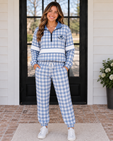 Ensemble de survêtement personnalisé pour femme, sweat-shirt à demi-zip et pantalon de jogging, imprimé à carreaux, style universitaire décontracté, tenue deux pièces