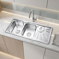 Évier double en acier inoxydable 1200x500mm avec égouttoir intégré et poubelle/bac à déchets