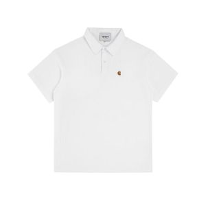 Camiseta de manga corta bordada con etiqueta dorada de marca de moda, estilo unisex para parejas, corte holgado tipo concha, top de color liso. - Product Image 2