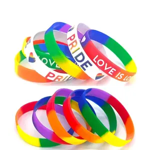 Wholesale Bulk cheap custom men and women colorful rubber wristbands color blocking print logo fashion rainbow silicone bracelet