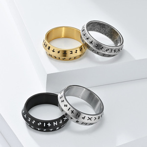 Vintage distressed personalized double-beveled Viking letter <b>titanium</b> steel <b>ring</b> for men, artistic stainless steel jewelry. - Product Image 1