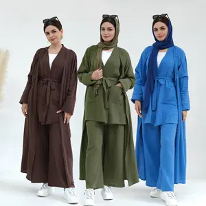 2023 Wholesale Custom Islamic Clothing Modest Dubai Abaya Cotton Cardigan Kimonos Women Muslim Dress Abaya Pants Three Pcs Sets