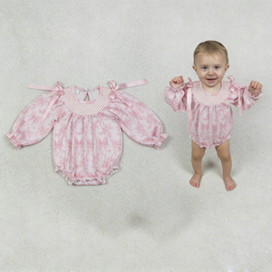 RTS Boutique Flower Smocked Cute Baby <b>Bubble</b> Romper Breathable Casual <b>Kids</b> Girls Newborn Romper Bodysuit - Product Image 1