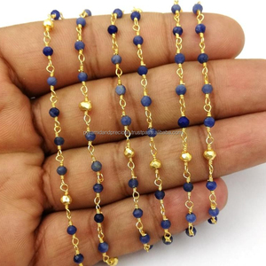 Cadena con cuentas de piedras preciosas de zafiro azul y pirita dorada - Product Image 1