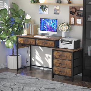Bureau d'ordinateur réversible en bois Unikito avec 5 tiroirs, robuste, gain de place, <span class=keywords><strong>table</strong></span> d'étude, <span class=keywords><strong>table</strong></span> d'écriture, meuble de rangement, support d'imprimante - Product Image 2