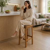 Tabouret de bar moderne de luxe en bois massif écologique, tabouret selle, hauteur comptoir avec repose-pieds pour îlot de cuisine et salle à manger