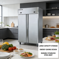 Réfrigérateur-congélateur vertical à double porte Scepta en acier inoxydable, capacité de 1340 L, 8 étagères, alimentation 220 V 50 Hz pour cuisine