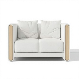 Sofá minimalista de dos plazas con tapicería de tela y brazos de madera para sala de estar - Product Image 1