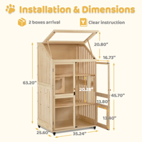 Villa pour chat multi-niveaux en bois haut de gamme avec toit ouvrant, portes de sécurité verrouillables, roulettes et sorties multiples, étanche