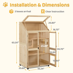 Villa pour chat multi-niveaux en bois de qualité supérieure, avec toit ouvrant, portes de sécurité verrouillables, roulettes et protection imperméable pour intérieur - Product Image 3