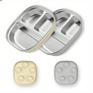 Wholesale Square Kids Plate Stainless Steel&Silicone Tableware with Raised Edges <b>Suction</b> <b>Cup</b> Anti-Fall Design&Foodgrade - Product Image 6