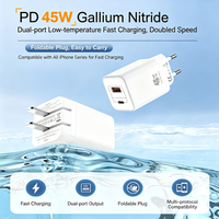 Cargador de Pared Portátil GaN de 45W con Doble Puerto PD 3.0 Tipo C y Enchufe Plegable de 90 Grados para EE. UU., UE y Reino Unido, Compatible con iPhone 16, 15, Samsung y Laptops