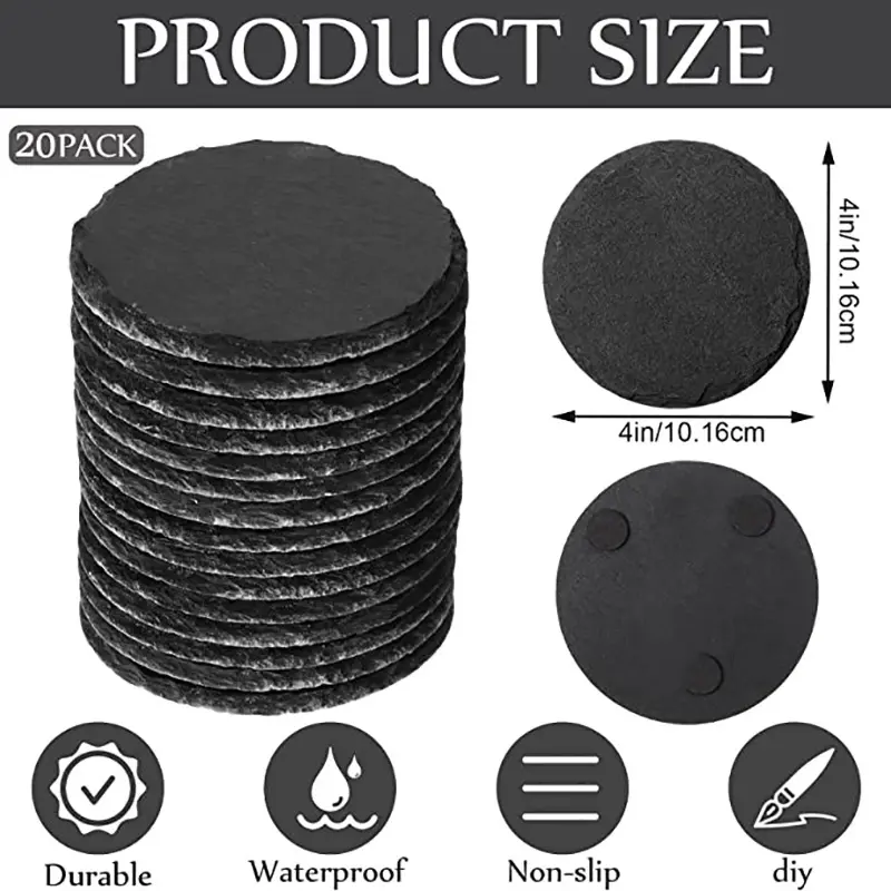 Wholesale Black Non-Slip Engraving Drink Slate Stone Bulk Coasters Set Round Blank Gift Box With Holder