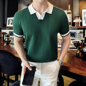 Polo manches courtes de couleur contrastée pour homme, coupe ajustée, t-shirt en tricot de soie glacée avec col montant, tissé anti-rides - Product Image 3