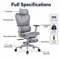 Chaise de bureau ergonomique en maille grise avec accoudoirs réglables 4D, repose-pieds rabattable, maille hautement élastique de Taïwan, certifiée SGS, base 1136 kg