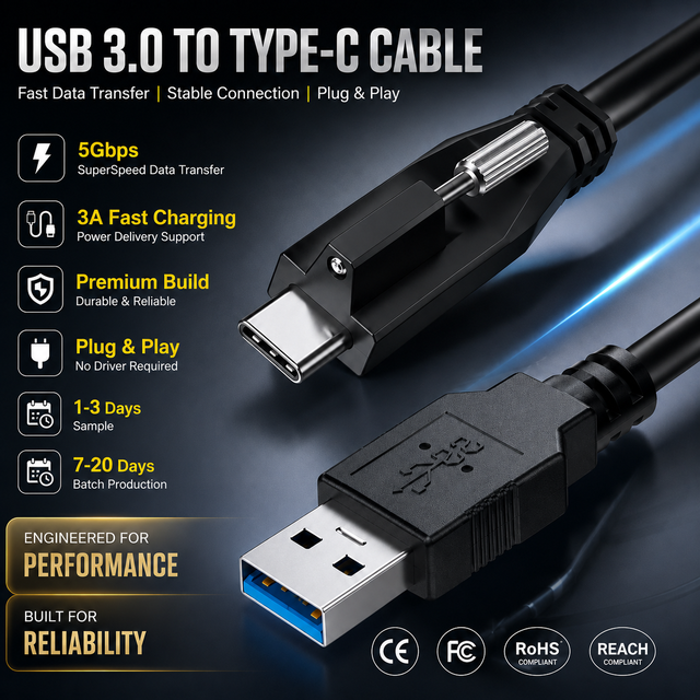 LUNG KAY High-Flexible USB 3.0 Screw Lock Panel Mount Cable PVC Usb a to Usb c Power Cable for Machine Vision Industrial Camera