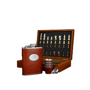 Whiskey Chess Gift Portable Square Wooden Box Set Mini Brown Leather <b>Stainless</b> Steel Flask with Funnel 8 oz 4 <b>Glasses</b> - Product Image 4