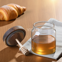 Tarro de miel de vidrio transparente con tapa de madera, cuchara, contenedor de cocina para conserva de jarabe de miel