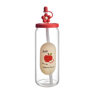 Taza de jugo de café de cristal estilo Ins de estilo moderno con tapa, Pajita de agua portátil <span class=keywords><strong>para</strong></span> ventosa de coque <span class=keywords><strong>para</strong></span> parejas/recién casados - Product Image 1