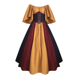 Robe de soirée médiévale européenne à épaules dénudées, patchwork coloré, manches volantées, coupe trapèze, jupe longue - Product Image 5