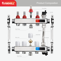 Collecteur de chauffage par le sol radiant OEM en acier inoxydable 304, 4 ports, avec purgeur d'air automatique et boucle de bypass pour distribution d'eau CVC