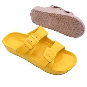HEVA kadın sandal çift toka kadın giymek yumuşak soled plaj daireler üzerinde şık kalın soled roma yastık terlik takunya ayakkabı
