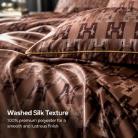 Parure de lit de luxe 4 pièces en polyester lavé effet soie, draps en satin imprimés à bordure large et couleur contrastante, teinture réactive