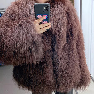 Cappotti in Vera Pelliccia di Pecora Mongola Soffice, Cappotti in Pelliccia d'Agnello Riccio <span class=keywords><strong>Marrone</strong></span> <span class=keywords><strong>Scuro</strong></span> per Donna - Product Image 2