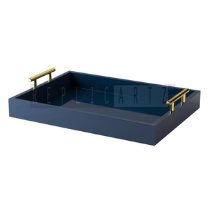 Plateau de service décoratif Art Déco en bois bleu marine de luxe Maximus International |   Table basse carrée multifonctionnelle avec poignées dorées - Product Image 3
