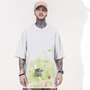 Camiseta de Manga Corta para Hombre HEALY, Personalizada con Pintura de Tinta Difuminada y Letras Estampadas en Caliente, Estilo Retro Casual - Product Image 2
