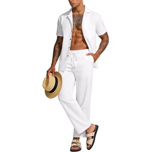 Conjunto de Lino de 2 Piezas para Hombre, Camisa con Botones y Pantalones Largos, Transpirable, Informal, para Vacaciones de Verano - Product Image 5