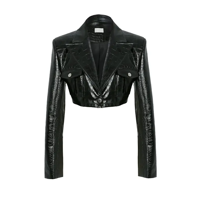 Turn Down Collar Black Leather Suit Coat Cropped Genuine Sheepskin Leather Jacket Women