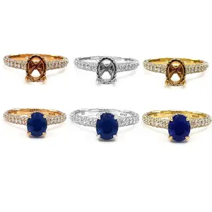 King O King Solitaire Collection 18k Solid Gold Real Natural Diamond Oval Blue Sapphire Gemstone Semi Mount Ring For Women