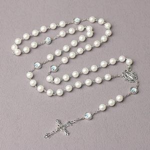 Collar de Rosario Católico con Cruz, Perlas de Vidrio de 8mm, 5 Segmentos, Cruz de Jesús Rosa y Blanca, Regalo - Product Image 4