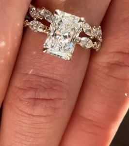 925 <b>Silver</b> Moissanite Radiant Cut Wedding <b>Ring</b> <b>Set</b> With Unique Wedding Band in Yellow Gold Plated Diamond <b>Ring</b> for Sale. - Product Image 4