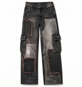 Jean cargo droit vintage noir délavé pour homme Wangsheng, taille mi-haute, avec bords bruts et empiècements en denim, style gothique - Product Image 1