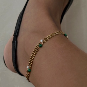 2024 Dazan nuovi in oro placcato 18k in acciaio inossidabile naturale perla <span class=keywords><strong>Malachite</strong></span> torsione catena cavigliera gioielli fatti a mano - Product Image 5