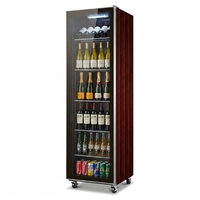 Réfrigérateur de présentation vertical de luxe avec finition en bois de rose, porte vitrée simple, pour vin, bière et spiritueux, avec étagères métalliques réglables