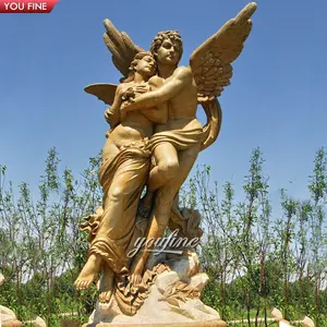 Açık bahçe yaşam boyutu bej taş çıplak melek heykeli mermer Cupid ve Psyche heykel