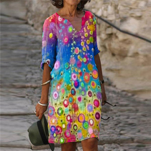 Vestido midi con estampado floral y cuello en V, transpirable, informal, para uso diario - Product Image 2