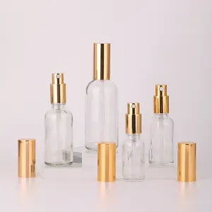Golden Spray And Pump Glass Cosmetic Bottle For Skincare Toner 30ml 50ml 100ml Luxury Cosmetic Glass Mist Spray Bottle