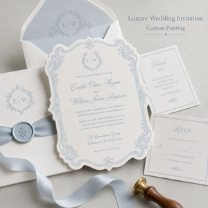 Set <span class=keywords><strong>di</strong></span> Inviti Matrimoniali Vintage Blu Personalizzati con Monogramma Elegante, Busta Foderata e <span class=keywords><strong>Carte</strong></span> RSVP e Dettagli Abbinate - Product Image 1