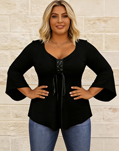 Blusa Casual Negra de Talla Grande con Mangas de Encaje y Volantes para Mujer, con Lazo en la Parte Delantera, para Primavera/Verano/Otoño - Product Image 4