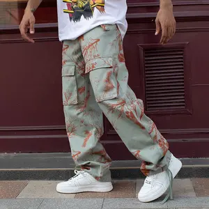 Yimeng De Hombre Straight Streetwear Heren Groen Baggy Losse Print Denim Jeans Cargo Broek Joggingbroek Heren Met Zijzakken