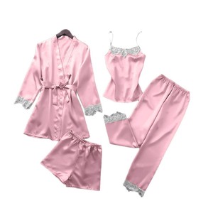 Ensemble de peignoir quatre pièces sexy en soie glacée pour femme, manches longues, grande taille, pour l'été, le printemps et l'automne, idéal pour la maison - Product Image 5